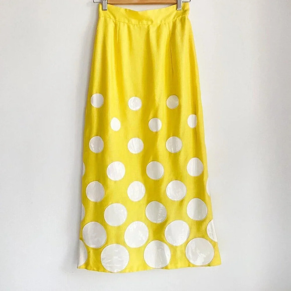 Vintage Yellow Vinyl Circle Print Midi Skirt With High Slit S - Picture 3 of 7